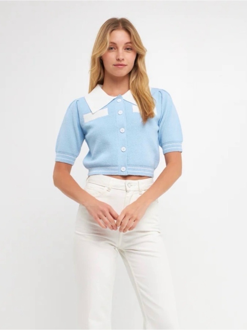 English Factory Women’s contrast Cardigan top in powder blue/white size Small